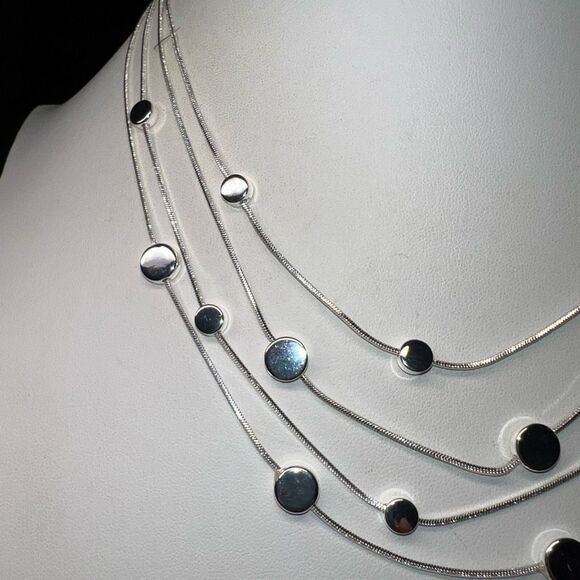 Multi Layer Silver‎ Tone Silver Disc Station Necklace - Picture 2 of 10
